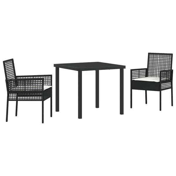 3-teiliges Garten Esszimmer Set mit Kissen in Schwarz Poly Rattan