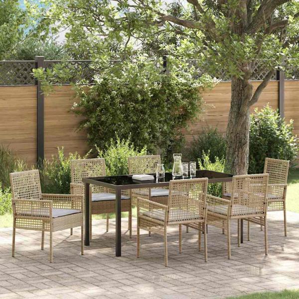 ARDEBO.de - 7-teiliges Garten Essset mit Kissen Beige Poly Rattan