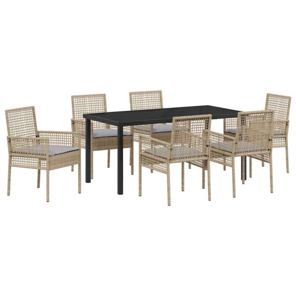 7-teiliges Garten Essset mit Kissen Beige Poly Rattan