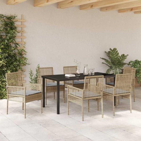 7-teiliges Garten Essset mit Kissen Beige Poly Rattan