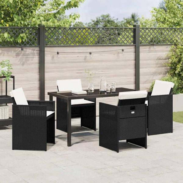 5-teiliges Garten-Essset mit Kissen Schwarz Poly-Rattan