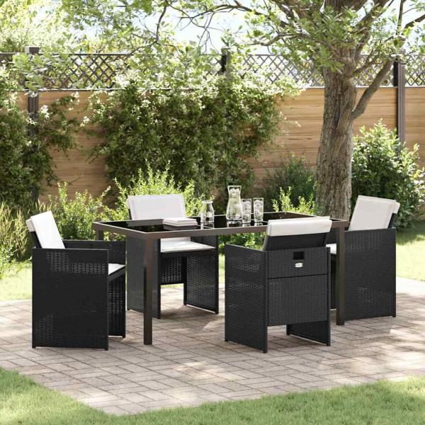 ARDEBO.de - 5-teiliges Garten-Essset mit Kissen Schwarz Poly-Rattan