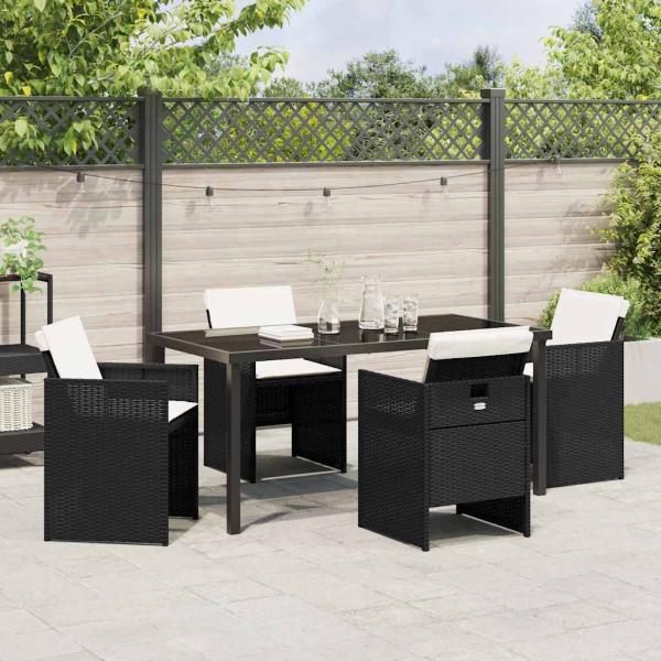 5-teiliges Garten-Essset mit Kissen Schwarz Poly-Rattan