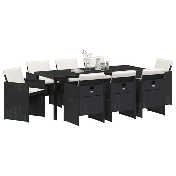 ARDEBO.de - 9-teilige Garten Essgruppe mit Kissen Schwarz Poly-Rattan