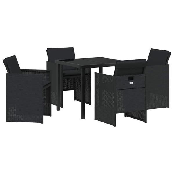 5-teiliges Garten-Essset mit Kissen Schwarz Poly-Rattan