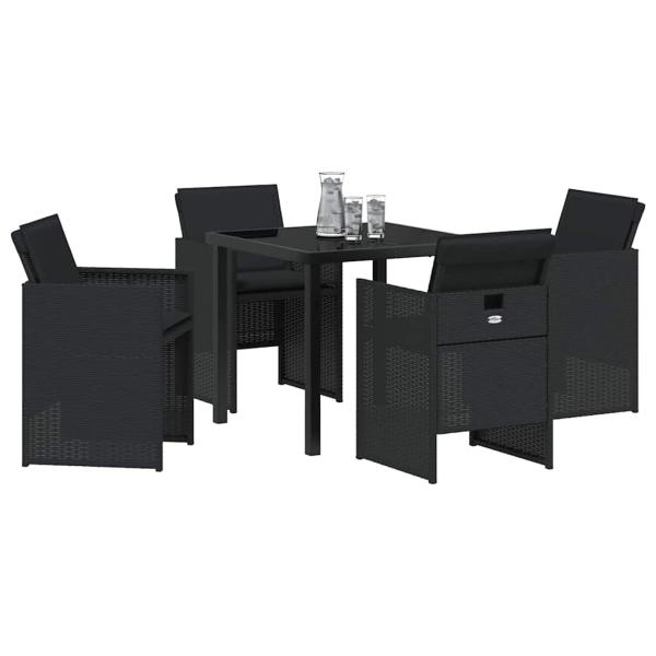 5-teiliges Garten-Essset mit Kissen Schwarz Poly-Rattan