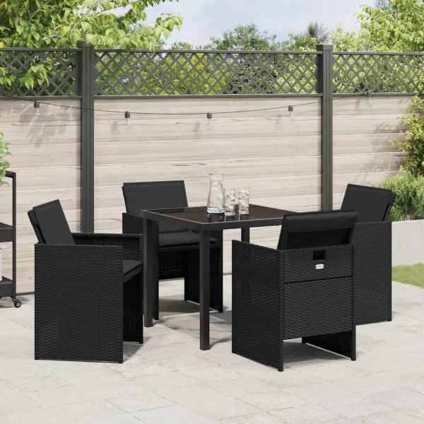 5-teiliges Garten-Essset mit Kissen Schwarz Poly-Rattan
