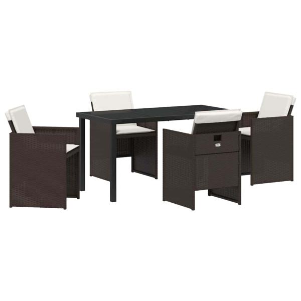5-teiliges Garten-Essset mit Kissen Braun Poly-Rattan