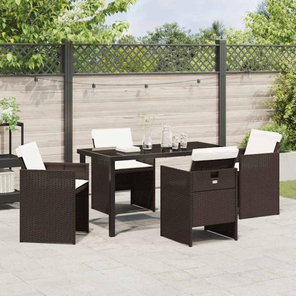 5-teiliges Garten-Essset mit Kissen Braun Poly-Rattan
