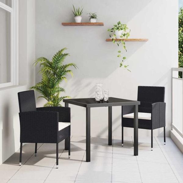 ARDEBO.de - 3-teiliges Garten-Ess-Set mit Kissen - Schwarzes Poly-Rattan