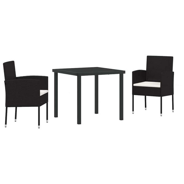 3-teiliges Garten-Ess-Set mit Kissen - Schwarzes Poly-Rattan