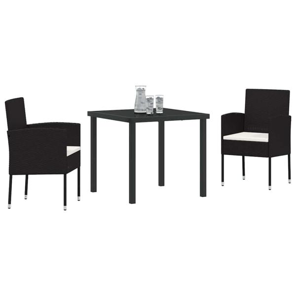 3-teiliges Garten-Ess-Set mit Kissen - Schwarzes Poly-Rattan