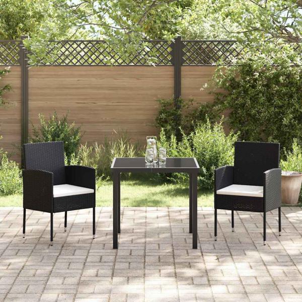 3-teiliges Garten-Ess-Set mit Kissen - Schwarzes Poly-Rattan