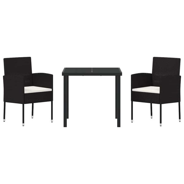 3-teiliges Garten-Ess-Set mit Kissen - Schwarzes Poly-Rattan