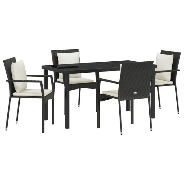 5-teiliges Gartendining-Set mit Kissen Schwarz Poly Rattan