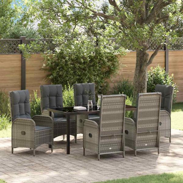 ARDEBO.de - 7-teiliges Garten-Ess-Set in grauem Poly-Rattan