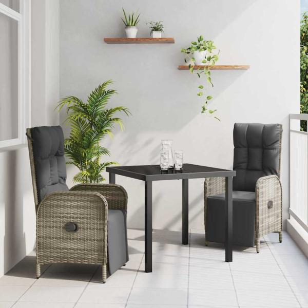 ARDEBO.de - 3-teiliges Garten-Esszimmer-Set mit Kissen Grau Poly-Rattan