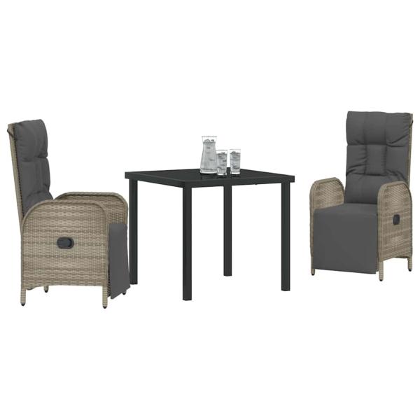 3-teiliges Garten-Esszimmer-Set mit Kissen Grau Poly-Rattan