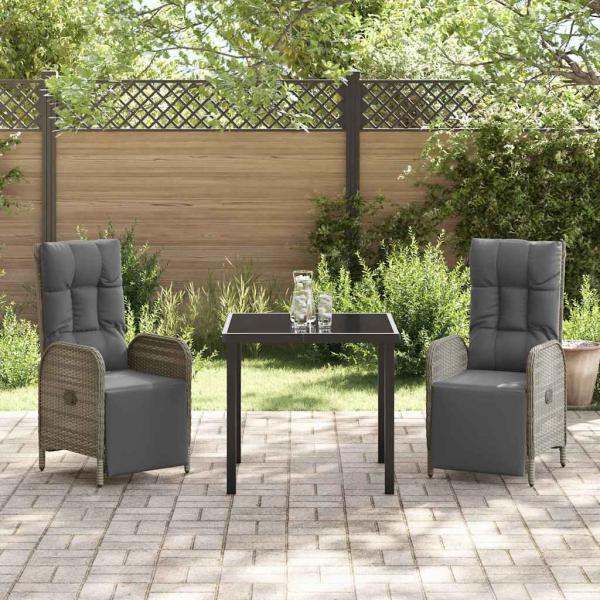 3-teiliges Garten-Esszimmer-Set mit Kissen Grau Poly-Rattan