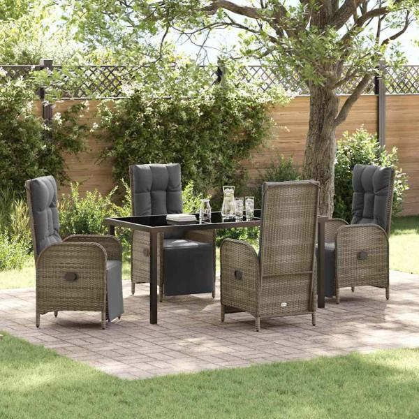 ARDEBO.de - 5-teiliges Garten Esstischset mit Kissen Grau Poly-Rattan