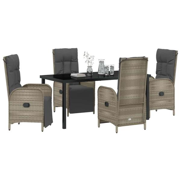 5-teiliges Garten Esstischset mit Kissen Grau Poly-Rattan
