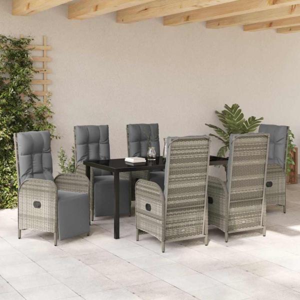 7-teiliges Gartenmöbelset mit Kissen in grauem Poly-Rattan