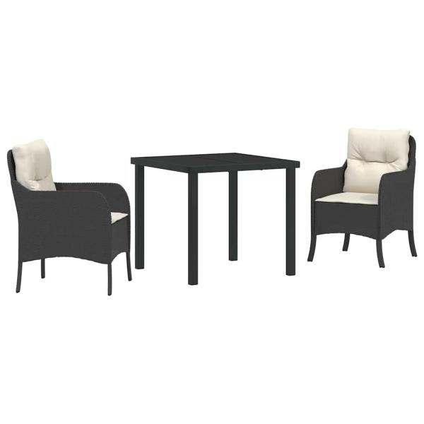 3-teiliges Garten-Dining-Set mit Kissen in Schwarz Poly Rattan