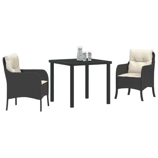 3-teiliges Garten-Dining-Set mit Kissen in Schwarz Poly Rattan