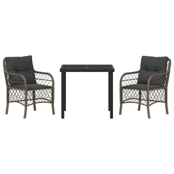 3-teiliges Garten-Dining-Set mit Kissen Grau Poly Rattan