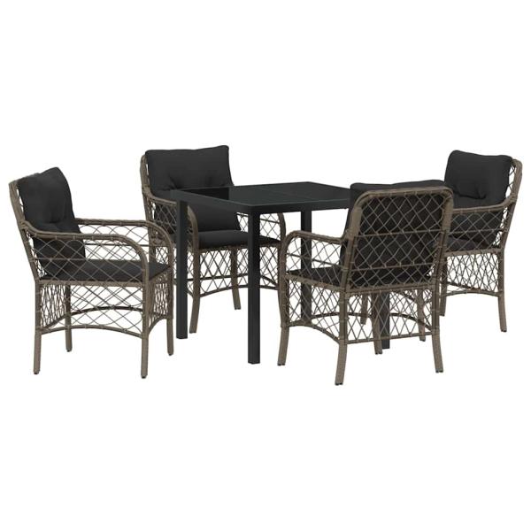 5-teiliges Gartentisch-Set mit Kissen Grau Poly Rattan