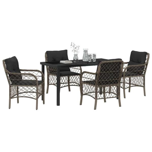 5-Teiliges Garten-Essset mit Kissen Grau Poly-Rattan