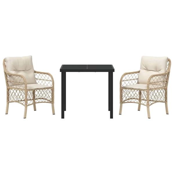 3-teiliges Garten-Essset mit Kissen Beige Poly-Rattan
