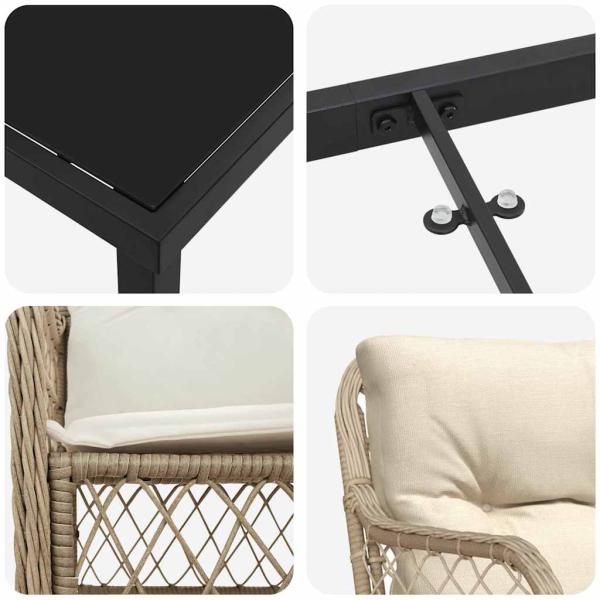 3-teiliges Garten-Essset mit Kissen Beige Poly-Rattan