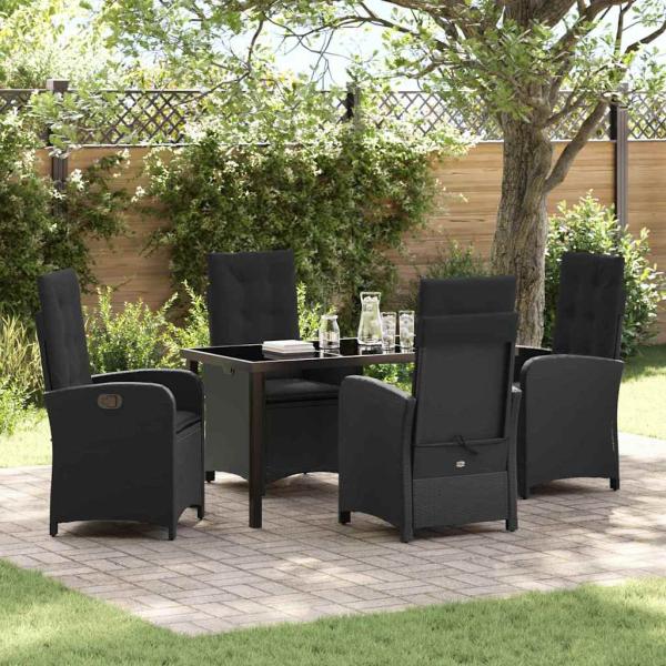 ARDEBO.de - 5-teiliges Garten-Dining-Set mit Kissen Schwarz Poly Rattan