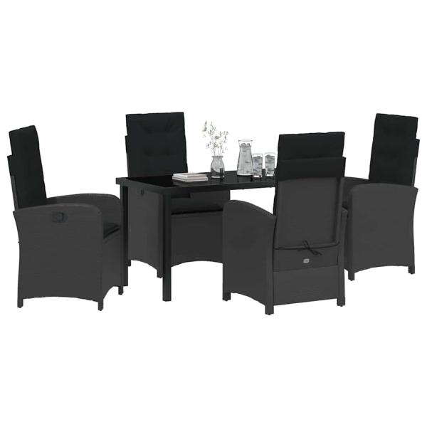 5-teiliges Garten-Dining-Set mit Kissen Schwarz Poly Rattan