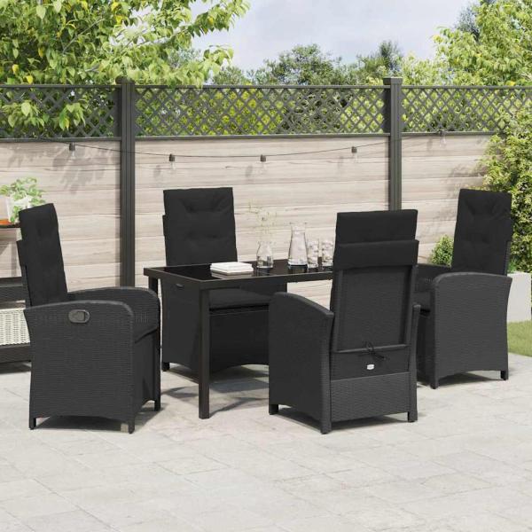 5-teiliges Garten-Dining-Set mit Kissen Schwarz Poly Rattan