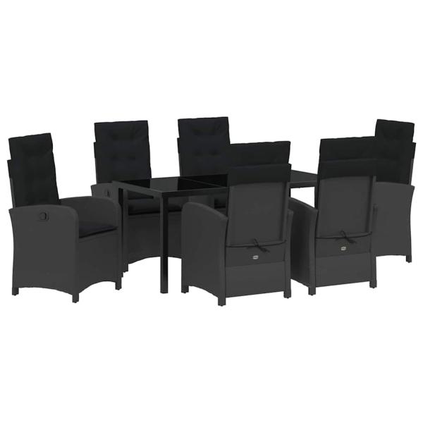7-teiliges Garten-Esszimmer Set mit Kissen Schwarz Poly-Rattan