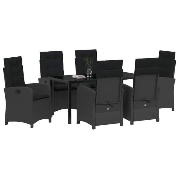7-teiliges Garten-Esszimmer Set mit Kissen Schwarz Poly-Rattan