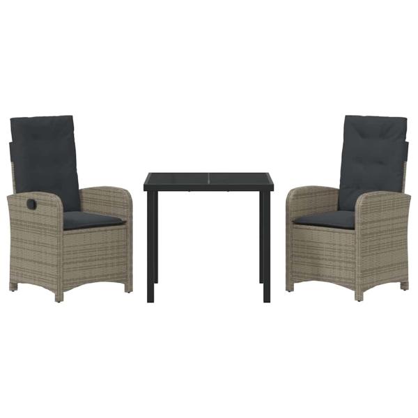 3-teiliges Garten-Dining-Set mit Kissen grau aus Poly-Rattan