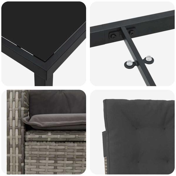 3-teiliges Garten-Dining-Set mit Kissen grau aus Poly-Rattan