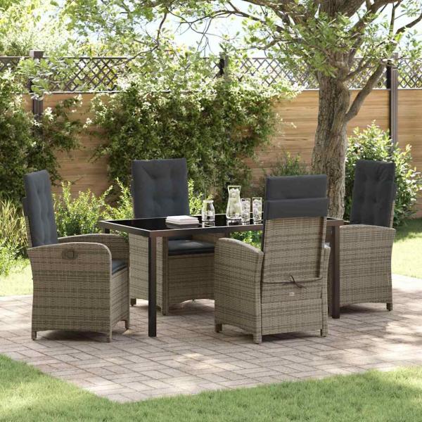 ARDEBO.de - 5-teiliges Garten-Dining-Set mit Kissen in grauem Poly-Rattan