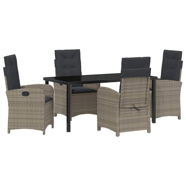 5-teiliges Garten-Dining-Set mit Kissen in grauem Poly-Rattan