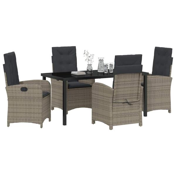 5-teiliges Garten-Dining-Set mit Kissen in grauem Poly-Rattan