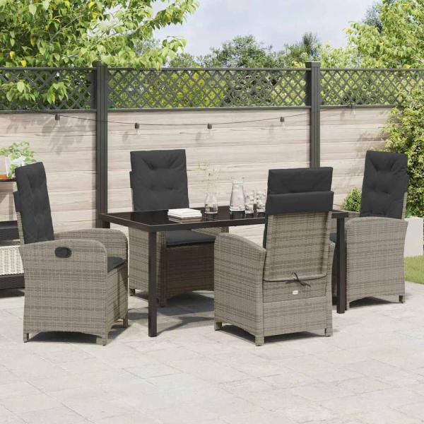 5-teiliges Garten-Dining-Set mit Kissen in grauem Poly-Rattan
