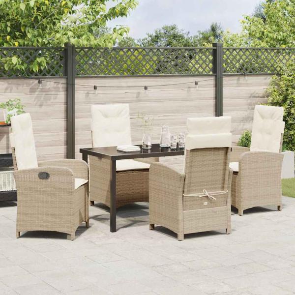 Garten-Dining-Set mit Kissen, Beige Poly-Rattan