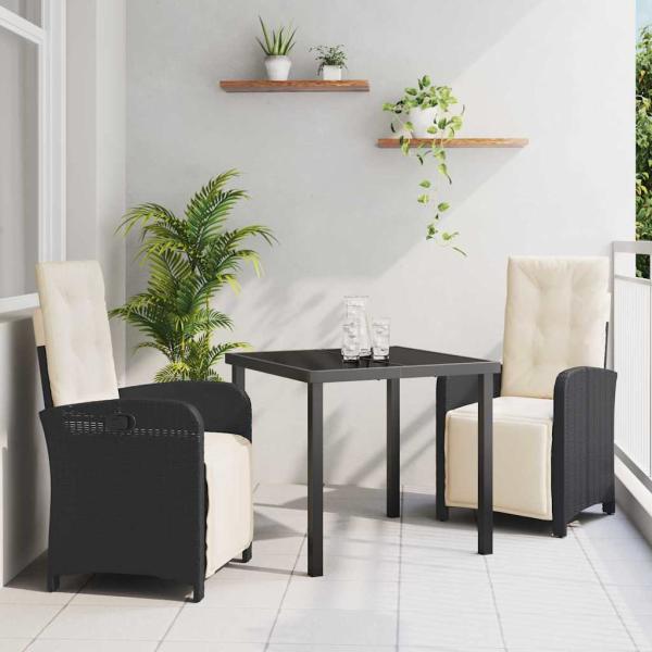 ARDEBO.de - 3-teilige Garten Essgruppe mit Kissen Schwarz Poly Rattan, Gartentisch Schwarz 80x80x73 cm Temperiertes Glas
