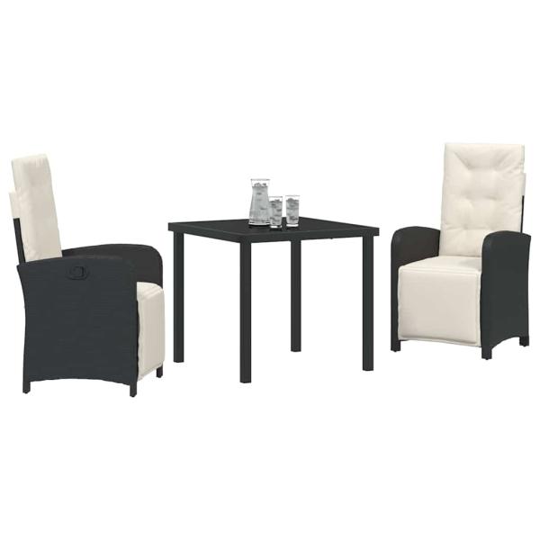 3-teilige Garten Essgruppe mit Kissen Schwarz Poly Rattan, Gartentisch Schwarz 80x80x73 cm Temperiertes Glas
