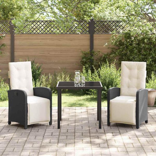 3-teilige Garten Essgruppe mit Kissen Schwarz Poly Rattan, Gartentisch Schwarz 80x80x73 cm Temperiertes Glas
