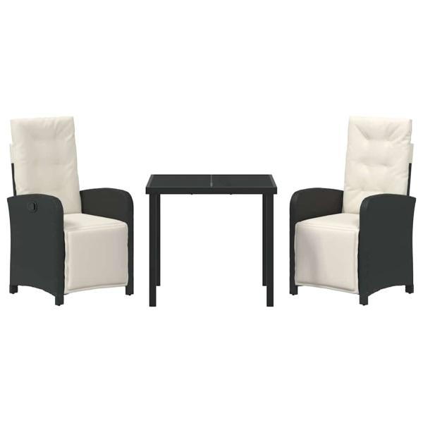 3-teilige Garten Essgruppe mit Kissen Schwarz Poly Rattan, Gartentisch Schwarz 80x80x73 cm Temperiertes Glas