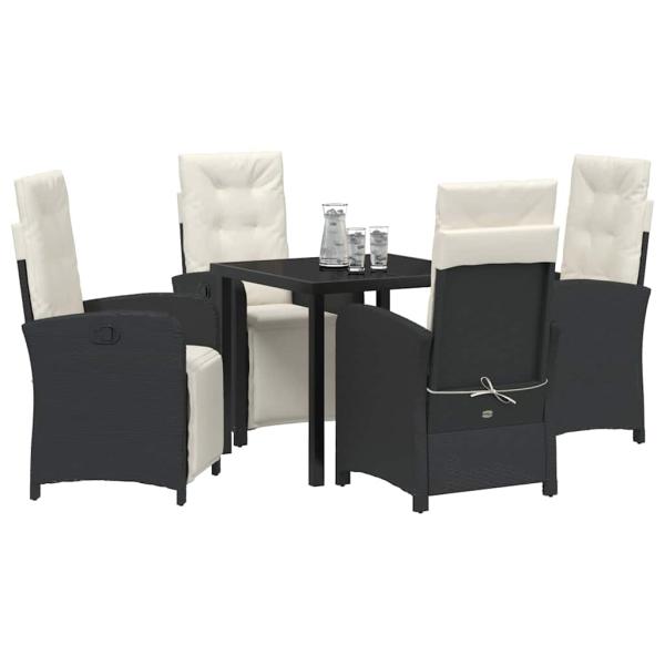 5-teilige Garten Essgruppe mit Kissen Schwarz Poly Rattan, Gartentisch Schwarz 80x80x73 cm Sicherheitsglas